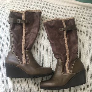 Cute brown shearling wedge boots